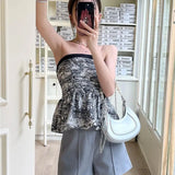 Yipinpay Tees Tanks Sexy Camis Tie-dyed Shirt Summer Vintage Strapless Crop Top Y2k Women Clothing Femme Crochet Top Floral Print