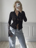 Yipinpay Women Y2K Vintage Retro Lace Floral Tops Ruffled Flare Long Sleeve Tie Front Sheer Slim Crop Cardigan Clubwear TShirt