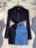 Yipinpay 2024 New Patchwork Women Dress Korean Style Polo Collar Zipper Denim Belt Design Fashion Streetwear Bodycon Midi Dress