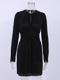 Yipinpay Pleated Women High Waist Dress Long Sleeve Eyelet Elegant Dress Ladies Back Keyhole Spring 2023 Elastic Female Dress