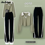 Yipinpay Spring and Autumn New Fashion Short Polo Sweatshirt+Wide Leg Pants Two Piece Women's Sportswear Set Korean Elegant Clothing