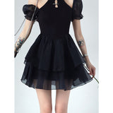 yipinpay Dress Women Summer New Sexy Puff Short Sleeves Short Skirt Black Fashion Gothic Streetwear Design Fishbone Skirt Dress