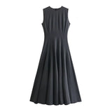 Yipinpay Spring 2024 Women Dark Gray Sleeveless Dress O Neck A-line Pleats Sexy Elegant Ladies Long Dresses