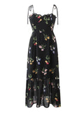 Yipinpay Summer Fashion Women French Style Floral Print Sling Chiffon Dress Vintage Black Female Midi Robe Prairie Chic Vestido