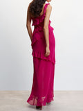 Yipinpay Fashion Women Slip Dress Sleeveless One-Shoulder Ruffled Slip Dress Summer Long Slit Dress For Cocktail Party Street Style