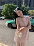 Yipinpay Elegant Dresses Women Sweet Sleeveless O Neck Pink Summer New Patchwork Loose Mini Dress Sexy Ladies Fashion