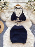 Yipinpay Hotsweet Female Beach Suits Strapless Halter Sexy Camis+Drawstring Basics Slim Skirt Fashion Knitted Two Pieces Suit