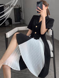 yipinpay Summer Fashion Office Ladies Dresses Notched Buttons Short Sleeve Pleated Knee-Length Dress Women Patchwork Slim Dress