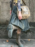 Yipinpay Retro Spicy Girls Washed Distressed Pleated Denim Skirt for Women Summer New Fashion Loose A-line Mid Length Skirt