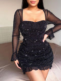 Yipinpay Glitter Mesh Splice Ruffle Hem Mini Dress Sexy Square Collar Flare Sleeves Slim Dresses 2023 Party Club Ladies Dresswear