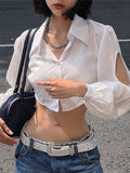 yipinpay Blouse Hollow Out Crop Top Y2K Clothes Long Sleeve Top Autumn Spring Solid Turn Down Collar Streetwear Button Up Shirt