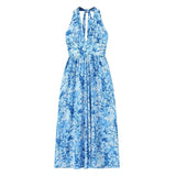 Yipinpay 2024 Women Sexy Backless Halter Blue Floral Print Midi Dresses Sleeveless Female Holiday Summer Dresses