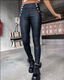 Yipinpay Women's pants High Waist Buttoned PU Leather Skinny Pants women pants new trousers high waist elegant
