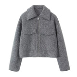 Yipinpay Vintage Women Gray Cropped Woolen Jacket Long Sleeve Pockets Female Autumn Winter Short Coat