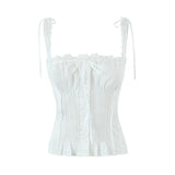 Yipinpay Sweet Lace Trim White Slim Camis Sexy Women Cotton Tank Top Summer Bow Front Button Crop Top