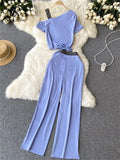 Yipinpay Vacation Casual Sports Suits Summer Off Shoulder Short Camis Tops+High Waist Wide Leg Pants Women Y2K Two Pieces Sets