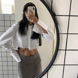 Yipinpay Irregular Cropped Shirt Top Women Sexy Korean Streetwear Blouses Casual Lapel Pocket Patchwork Long Sleeve White Shirt