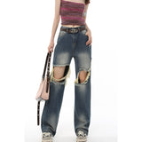 yipinpay Women's Ripped Jeans Summer New Y2K Vintage Straight Baggy High Waist Streetwear Pants Femme Wide Leg Jeans Blue Denim Trouser