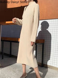 Yipinpay Vintage Long Knitted Dress Women Autumn Elegant Warm Black Sweater Dress Female Casual Bodycon Chic Fashion Y2k Dress New