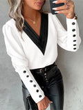 Yipinpay Women's Casual Shirt Autumn Fashion V-neck Patchwork White Long Sleeve Button Office Lady Blouse Women Streetwear Tops Clothing