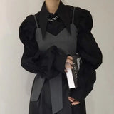 Yipinpay Autumn Turn Down Collar Shirt Lantern Sleeve Blouse Casual Top Bandage Grey Camisole Camisas De Mujer Blusas