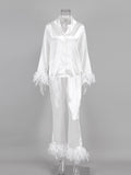 Yipinpay Feather Long Sleeve Women Home Suit Shirt And Pants Suit White Satin 2 Piece Set Female Button Sleep Two Piece Suits