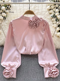 Yipinpay French Senior Satin Loose Shirt Women Elegant Long Sleeve 3D Flower Spring Top Fashion Single Breasted Solid OL Blouse