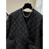 Yipinpay Oversize Belt Waist Quilted Doll V Neck Jacket Women Winter Puffer Jacket Argyle Plaid Coat Retro Parka Mujer