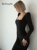 yipinpay Spring Fall Sexy Low Cut Long Dresses for Women Slim Square Collar French Black Elegant Bodycon Dress Ladies Vestidos