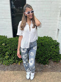 Yipinpay Simenual Hipster Flowers Printed Cotton Jeans Woman Mid Waist Buttons Zipper Long Pants Fall Y2k Streetwear Going Out Trousers