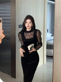Yipinpay Vintage Elegant Dresses Women Lace Ruffles Patchwork Velvet Long Sleeve Slim Stretch Split Temperament Dress Ladies Black