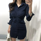 Yipinpay OL Retro All-match Temperament Pink Lapel Single Breasted Wrap Hip Dress Mini Slim High Waist Solid Vestido Mujer Shirts