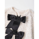 Yipinpay New Women Contrast Color Bow Sequin Jacket Long Sleeve O Neck Female Party Elegant Crop Coat