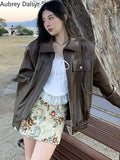 Yipinpay Fashion Brown Leather Jacket Women Streetwear Zipper Moto Biker Leather Coat Loose High Street Aviator Leather Jacket Woman