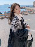 Yipinpay Plush High Neck Black Houndstooth Jacket Femme Faux Leather PU Loose Checkerboard Coat Winter Clothes Y2k Parkas