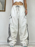 yipinpay Jeans White Pant Low Rise Cargo Pants Women Jogging Lace Up Wide Leg Pant Side Stripe Streetwear Loose Denim Trousers