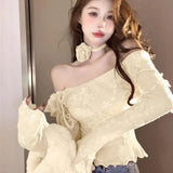 Yipinpay Hot Girl Flare Sleeved Sweater Women's Autumn and Winter Off Shoulder Slash Neck Knitted Pullover Fashion Female Clothes