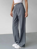 Yipinpay Gray High Waist Pants Women Pleated Casual Floor-Length Trousers Black Office Lady Elegant Letter Chic Pants Spring