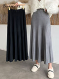 Yipinpay Women Long Maxi Knitted Skirt Autumn Winter Casual Pleated High Waist A-line Skirts 90cm 2023 Korean Fashion Faldas