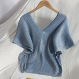 Yipinpay V-neck Minimalist T-shirts Bat Sleeve Pleated Spring Summer New Korean Solid Fashion Short Sleeve Top Casual Blouse Shirts