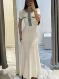 Yipinpay Denim Patchwork Knitted Maxi Dress Women¡®s Short Sleeve Slim Bodycon Long Dress Elegant Lady Holiday Street Party Robe