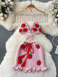 Yipinpay Summer Knitted Beach Two Pieces Sets 2024 Sleeveless Strap Top+Mini Skirt Sets Strawberry Sweet Ruffles Vacation Suits