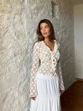 Yipinpay Women Y2K Vintage Retro Lace Floral Tops Ruffled Flare Long Sleeve Tie Front Sheer Slim Crop Cardigan Clubwear TShirt