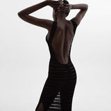 Yipinpay Women Casual Long Dress Solid Color Sleeveless Backless Hollow-Out See-Through Dress Club Street Style Beachwear S M L