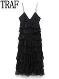Yipinpay Black Long Dress Women Ruffle Backless Dress Woman Ruched Slip Midi Sexy Dresses Ladies 2023 Christmas Night Party Dresses
