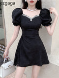 Yipinpay Woman Dress V Neck Diamonds Puff Short Sleeve Flowers Lace Patchwork Vintage Korean Fashion Elegant Dresses Sexy