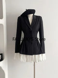 Yipinpay Women Formal Blazer Lapel Collar Autumn Winter Office Lady Korean Patchwork Contrast Color Outerwear Single Breasted Suit Jacket