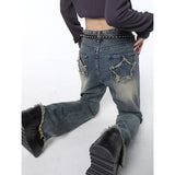 yipinpay Blue High Waist Women Jeans Stars American Fashion Streetwear Wide Leg Jean Female Trouser Straight Baggy Denim Pants