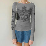 Yipinpay Women Vintage Y2K Grunge T-shirt Long Sleeve O Neck Gothic Cross Angel Wings Printed Retro Rhinestone Slim Fit Tops