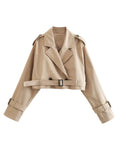 Yipinpay New Women Fashion With Belt Oversized Cropped Trench Coats Vintage Double Button Long Sleeve Ladies Short Khaki Jacket
